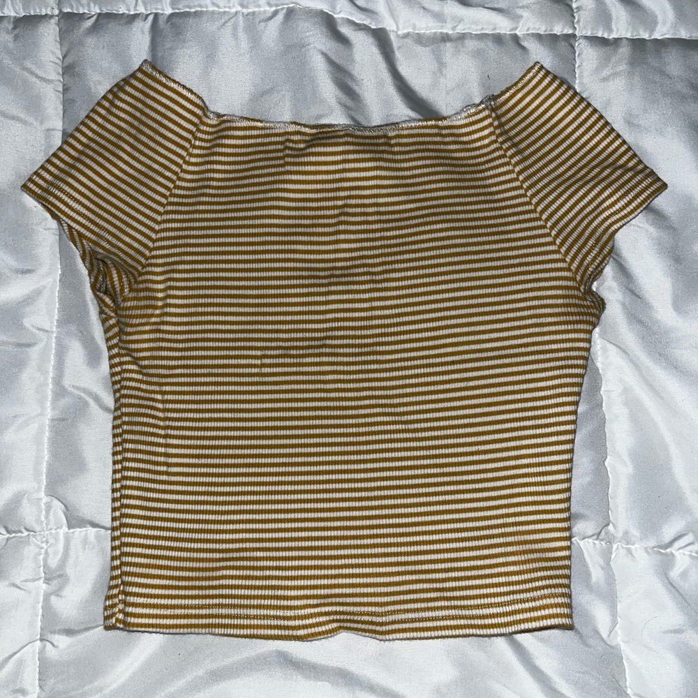 Brandy Melville Brown and White Off the Shoulder Crop Fitted T-Shirt